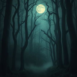 A mysterious forest bathed in moonlight, with tall, twisting trees