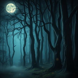 A mysterious forest bathed in moonlight, with tall, twisting trees