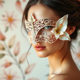 a beautiful young woman wearing an intricate lily mask, elegant floral patterns with delicate lily petals adorning the mask, gentle colors reflecting the grace and sophistication of lilies, her eyes captivating and mysterious behind the mask, soft lighting enhancing the charm, set against a subtle, pastel-toned background filled with abstract floral elements, capturing the essence of femininity and elegance, emphasizing the allure and mystique of the masked figure