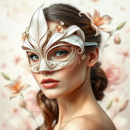 a beautiful young woman wearing an intricate lily mask, elegant floral patterns with delicate lily petals adorning the mask, gentle colors reflecting the grace and sophistication of lilies, her eyes captivating and mysterious behind the mask, soft lighting enhancing the charm, set against a subtle, pastel-toned background filled with abstract floral elements, capturing the essence of femininity and elegance, emphasizing the allure and mystique of the masked figure