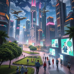 a delightful and captivating scene of a bustling futuristic city, featuring towering skyscrapers with neon lights, flying vehicles zipping through the sky, and people walking through well-maintained parks with robotic assistants