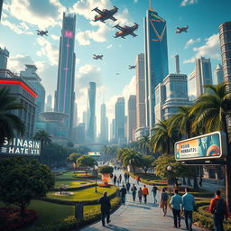 a delightful and captivating scene of a bustling futuristic city, featuring towering skyscrapers with neon lights, flying vehicles zipping through the sky, and people walking through well-maintained parks with robotic assistants