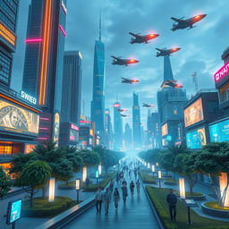 a delightful and captivating scene of a bustling futuristic city, featuring towering skyscrapers with neon lights, flying vehicles zipping through the sky, and people walking through well-maintained parks with robotic assistants