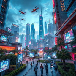 a delightful and captivating scene of a bustling futuristic city, featuring towering skyscrapers with neon lights, flying vehicles zipping through the sky, and people walking through well-maintained parks with robotic assistants