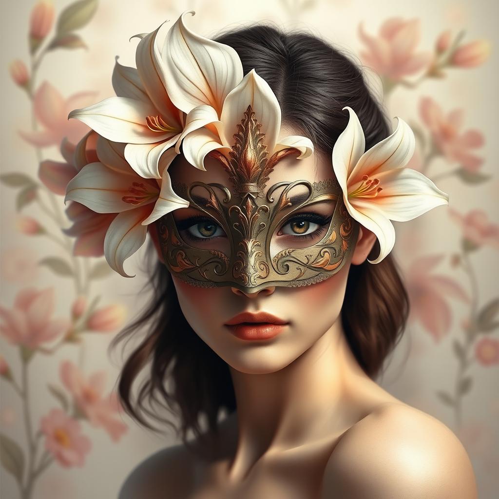 a beautiful young woman wearing an intricate lily mask, semi-realism style, elegant floral patterns with delicate lily petals adorning the mask, gentle colors reflecting the grace and sophistication of lilies, her eyes captivating and mysterious behind the mask, soft lighting enhancing the charm, set against a subtle, pastel-toned background filled with abstract floral elements, capturing the essence of femininity and elegance, emphasizing the allure and mystique of the masked figure