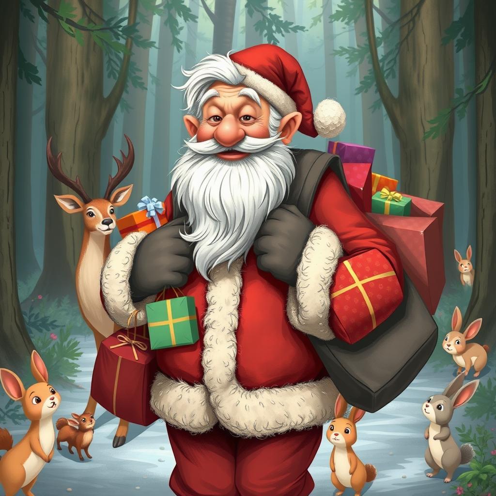 A charismatic old man resembling Santa Claus, with a twinkle in his eye and a warm smile