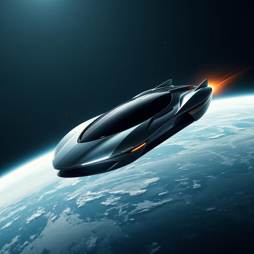 a futuristic flying car soaring through the vastness of space, with the planet Earth visible in the background