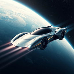 a futuristic flying car soaring through the vastness of space, with the planet Earth visible in the background