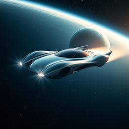 a futuristic flying car soaring through the vastness of space, with the planet Earth visible in the background