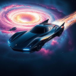 A futuristic flying car soaring through the vast expanse of space, gliding smoothly past vibrant nebulae and distant stars