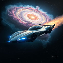 A futuristic flying car soaring through the vast expanse of space, gliding smoothly past vibrant nebulae and distant stars