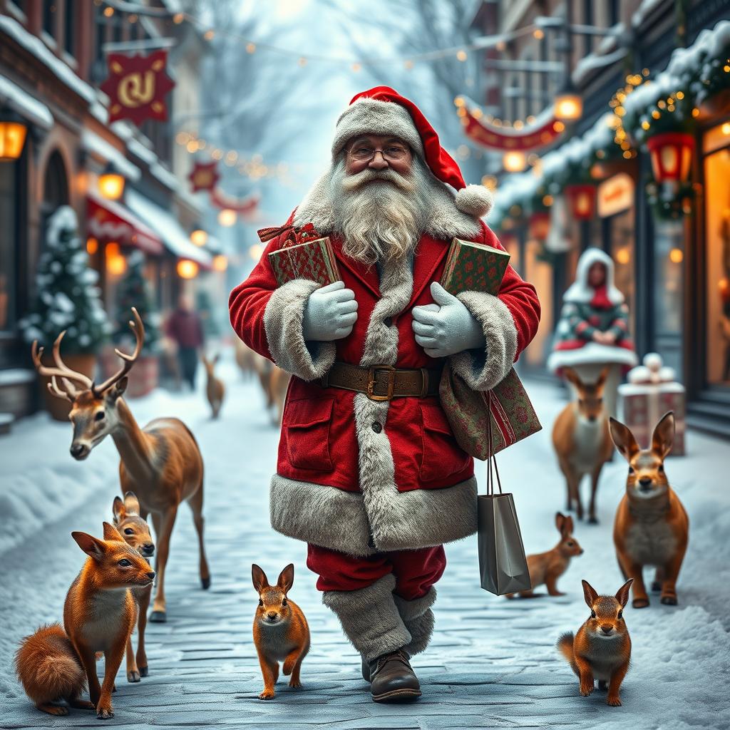 A photorealistic image of a charismatic old man, resembling Santa Claus, walking down a festive, Christmassy street