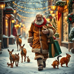 A photorealistic image of a charismatic old man, resembling Santa Claus, walking down a festive, Christmassy street