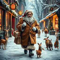 A photorealistic image of a charismatic old man, resembling Santa Claus, walking down a festive, Christmassy street