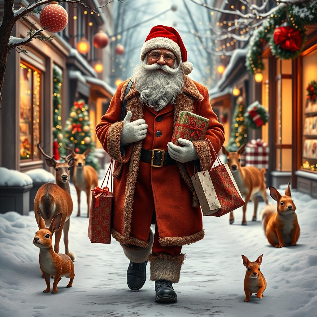 A photorealistic image of a charismatic old man, resembling Santa Claus, walking down a festive, Christmassy street