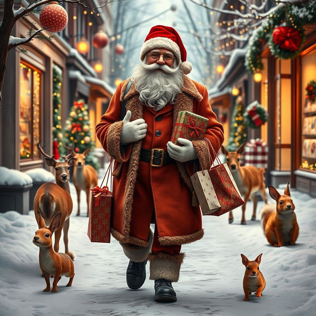 A photorealistic image of a charismatic old man, resembling Santa Claus, walking down a festive, Christmassy street