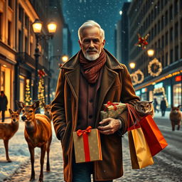 A photorealistic image of a charismatic older male model walking down a snowy city street at night