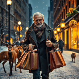 A photorealistic image of a charismatic older male model walking down a snowy city street at night