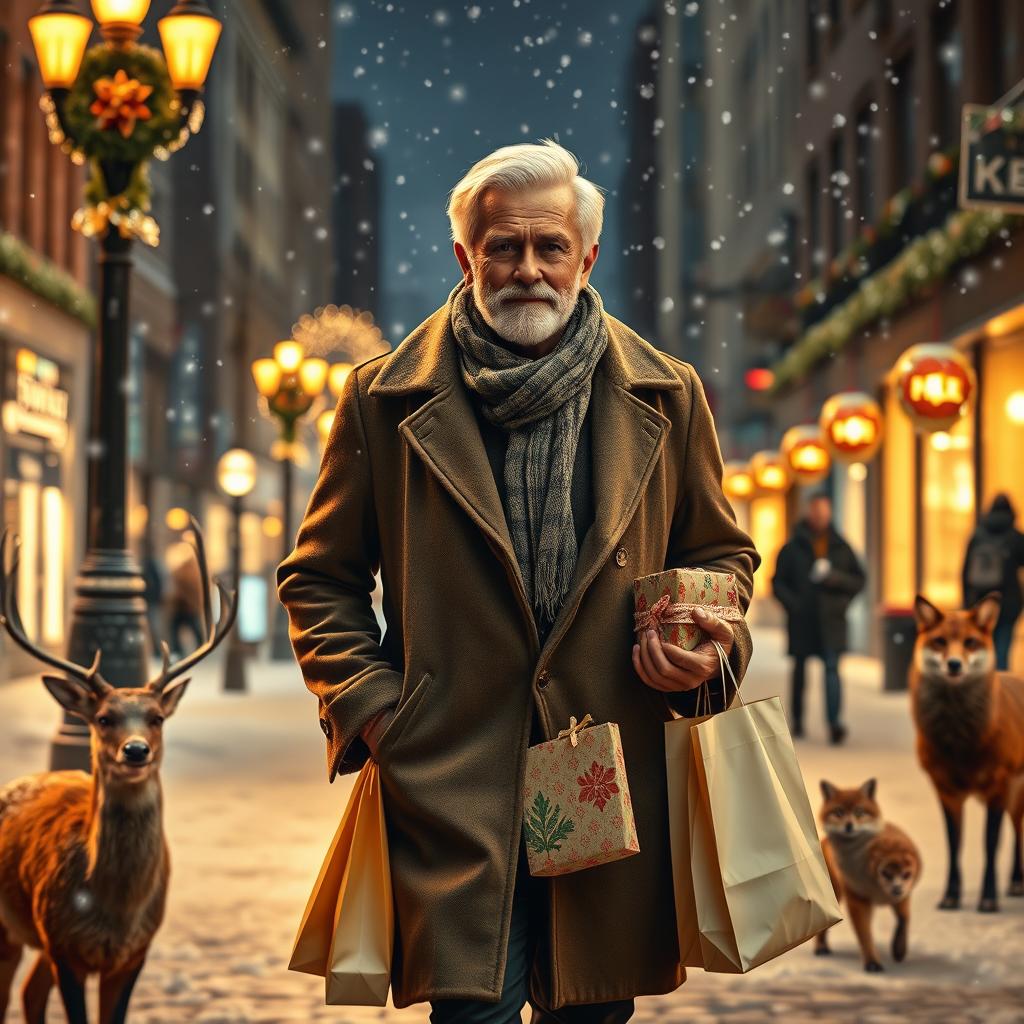 A photorealistic image of a charismatic older male model walking down a snowy city street at night