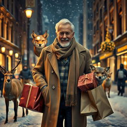 A photorealistic image of a charismatic older male model walking down a snowy city street at night