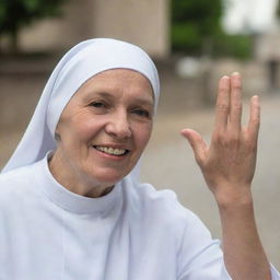 A compassionate nun extending her hand towards the viewer in a comforting and supportive gesture