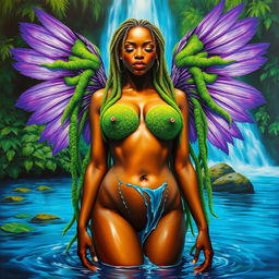 A polished oil-based painting depicting the full body view of a gorgeous nude black woman, her striking bright green moss dreadlocks cascading around her