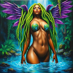 A polished oil-based painting depicting the full body view of a gorgeous nude black woman, her striking bright green moss dreadlocks cascading around her