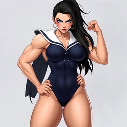 Russian girl with a fierce expression, showcasing a muscular and tall physique