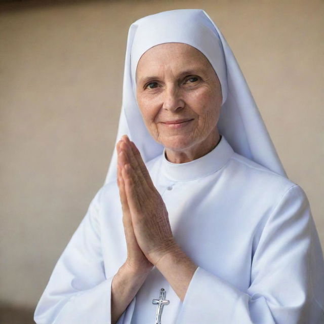 A compassionate nun extending her hand towards the viewer in a comforting and supportive gesture