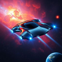 A futuristic flying car soaring through the vastness of space, with vivid nebulae and distant stars in the background