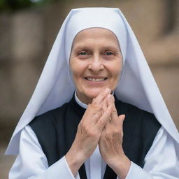 A compassionate nun extending her hand towards the viewer in a comforting and supportive gesture