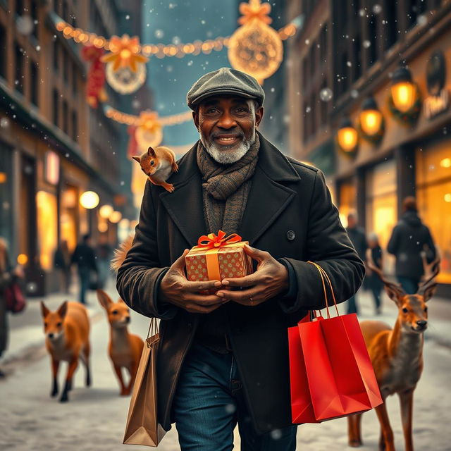 A photorealistic image of a charismatic older black male model, wearing a stylish flatcap, walking down a snowy city street at night