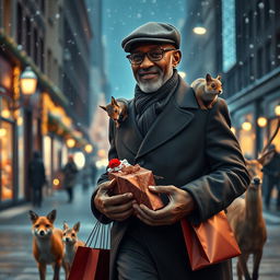 A photorealistic image of a charismatic older black male model, wearing a stylish flatcap, walking down a snowy city street at night