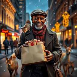 A photorealistic image of a charismatic older black male model, wearing a stylish flatcap, walking down a snowy city street at night