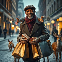 A photorealistic image of a charismatic older black male model, wearing a stylish flatcap, walking down a snowy city street at night