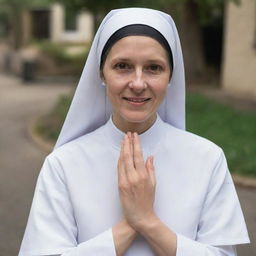 A compassionate nun extending her hand towards the viewer in a comforting and supportive gesture