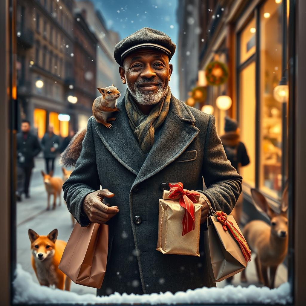 A photorealistic image viewed through a shop window, capturing a charismatic older black male model, wearing a dapper flatcap