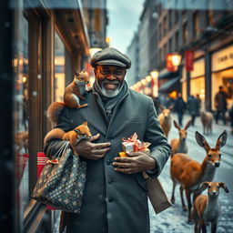 A photorealistic image viewed through a shop window, capturing a charismatic older black male model, wearing a dapper flatcap