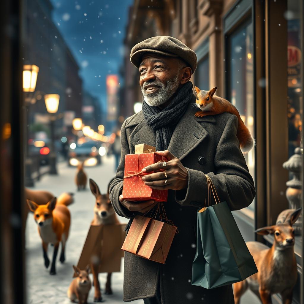 A photorealistic image viewed through a shop window, capturing a charismatic older black male model, wearing a dapper flatcap