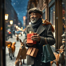 A photorealistic image viewed through a shop window, capturing a charismatic older black male model, wearing a dapper flatcap