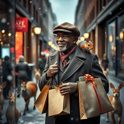 A photorealistic image viewed through a shop window, capturing a charismatic older black male model, wearing a dapper flatcap