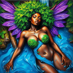 A polished oil-based painting capturing a full body aerial view of a stunning nude black woman, her vibrant bright green moss afro accentuating her mystical aura