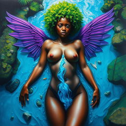 A polished oil-based painting capturing a full body aerial view of a stunning nude black woman, her vibrant bright green moss afro accentuating her mystical aura