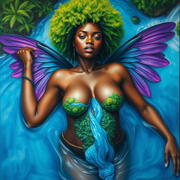 A polished oil-based painting capturing a full body aerial view of a stunning nude black woman, her vibrant bright green moss afro accentuating her mystical aura