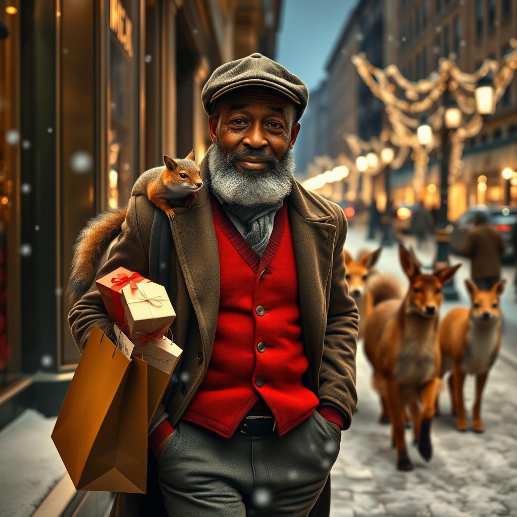 A photorealistic image viewed through a shop window, capturing a charismatic older black male model with a well-groomed beard, wearing a flatcap and a chic red vest under his jacket