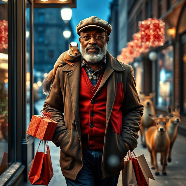 A photorealistic image viewed through a shop window, capturing a charismatic older black male model with a well-groomed beard, wearing a flatcap and a chic red vest under his jacket