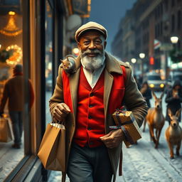 A photorealistic image viewed through a shop window, capturing a charismatic older black male model with a well-groomed beard, wearing a flatcap and a chic red vest under his jacket