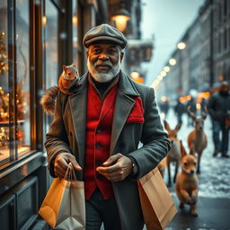 A photorealistic image viewed through a shop window, capturing a charismatic older black male model with a well-groomed beard, wearing a flatcap and a chic red vest under his jacket