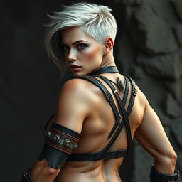 Russian girl with a brutal, intense expression, sporting short, two-tone hair