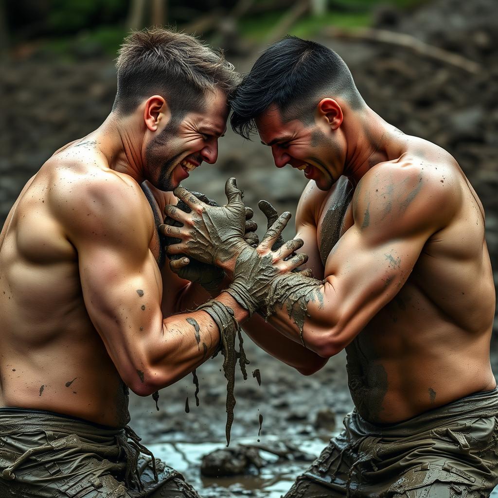 Two adults engaging in a playful and intense mud wrestling match